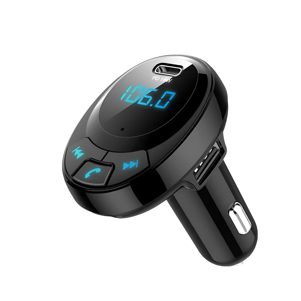 Black car Bluetooth MP3 adapter with digital display and dual USB charging ports