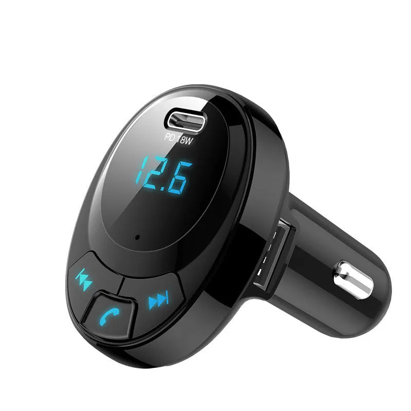Black car Bluetooth MP3 adapter with digital display and dual USB charging ports