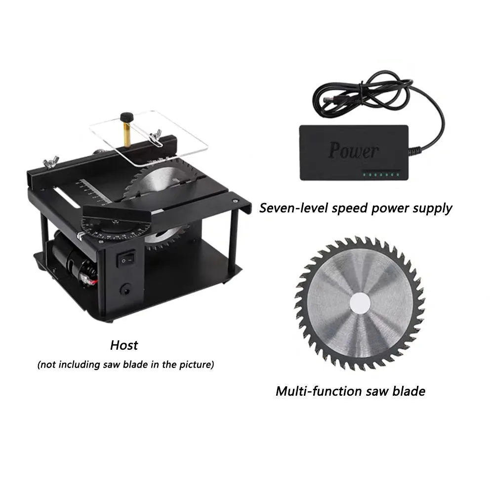 Black miniature precision table saw with sliding table and 110mm blade for woodworking