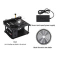 Black miniature precision table saw with sliding table and 110mm blade for woodworking