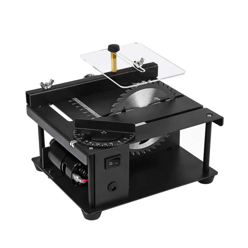 Black miniature precision table saw with sliding table and 110mm blade for woodworking