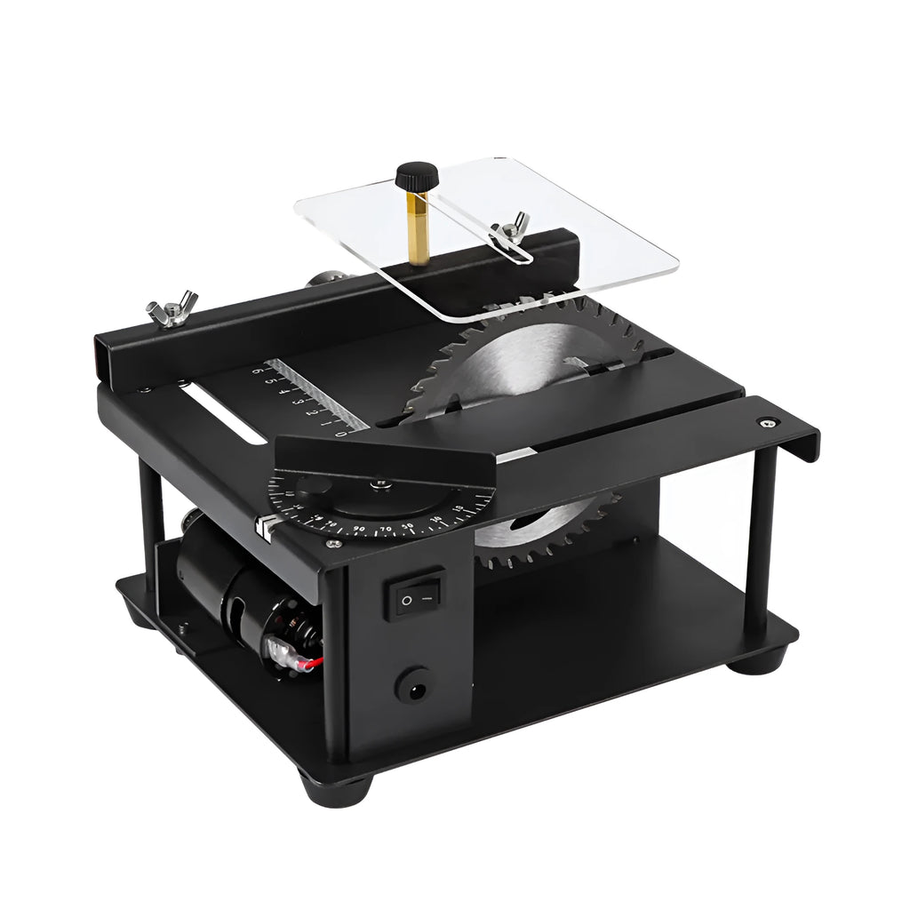 Black miniature precision table saw with sliding table and 110mm blade for woodworking