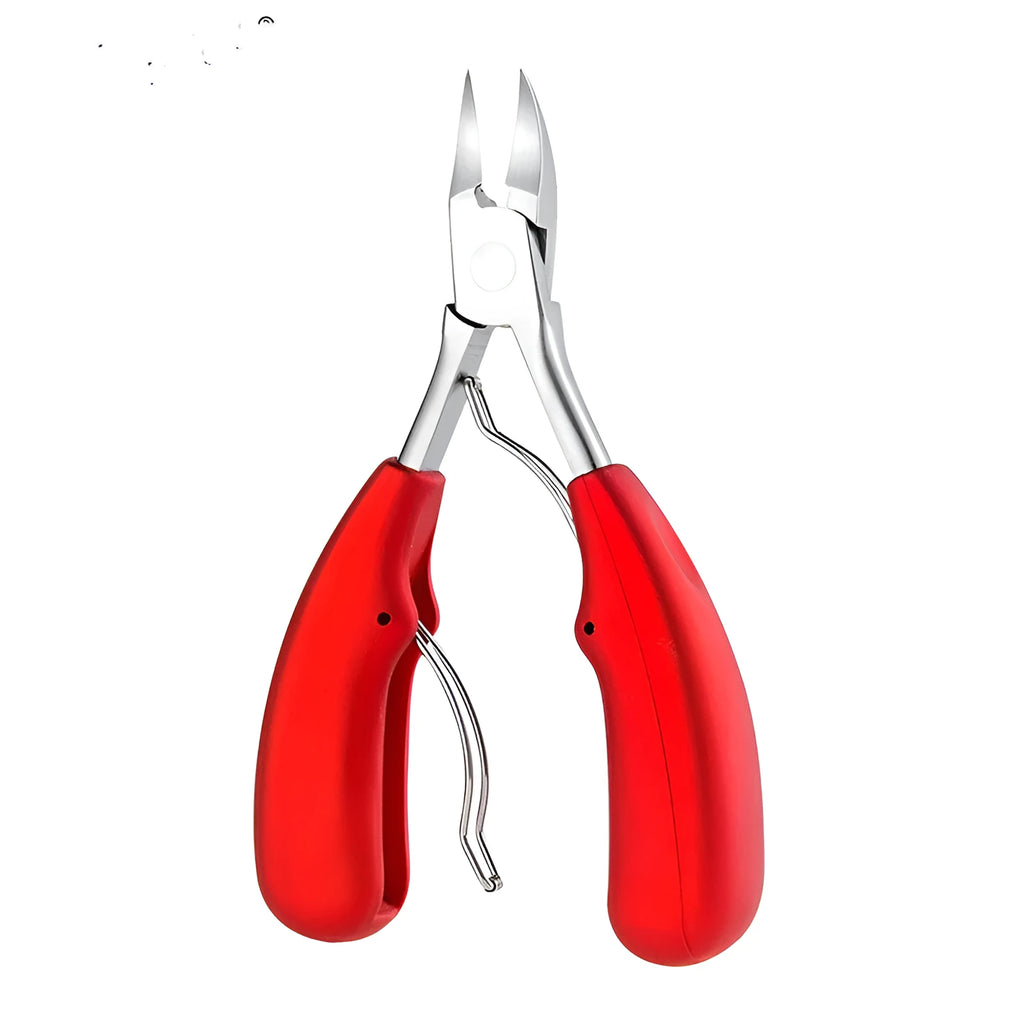 Stainless steel nail clipper and foot care scissors set with coloured ABS handles.
