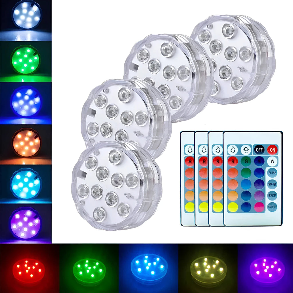 White waterproof LED disc light with remote control for pools and gardens.