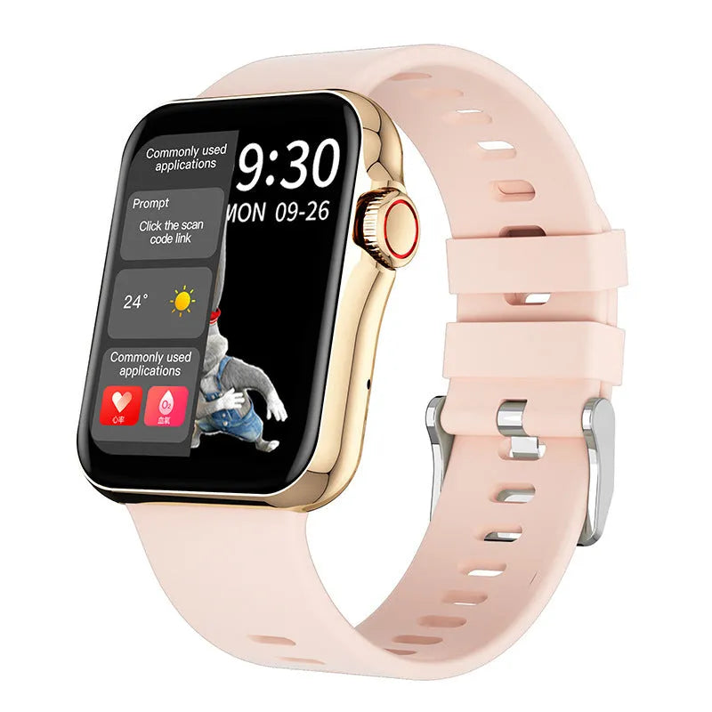 D06 smart watch with colour screen and liquid silicone strap shown in black, blue, grey, or pink.