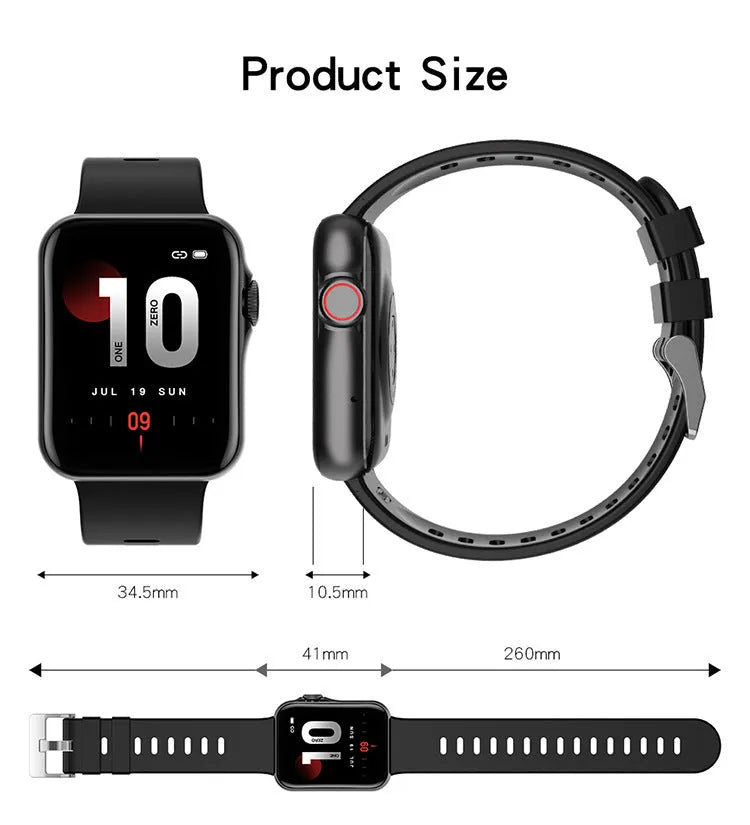D06 smart watch with colour screen and liquid silicone strap shown in black, blue, grey, or pink.