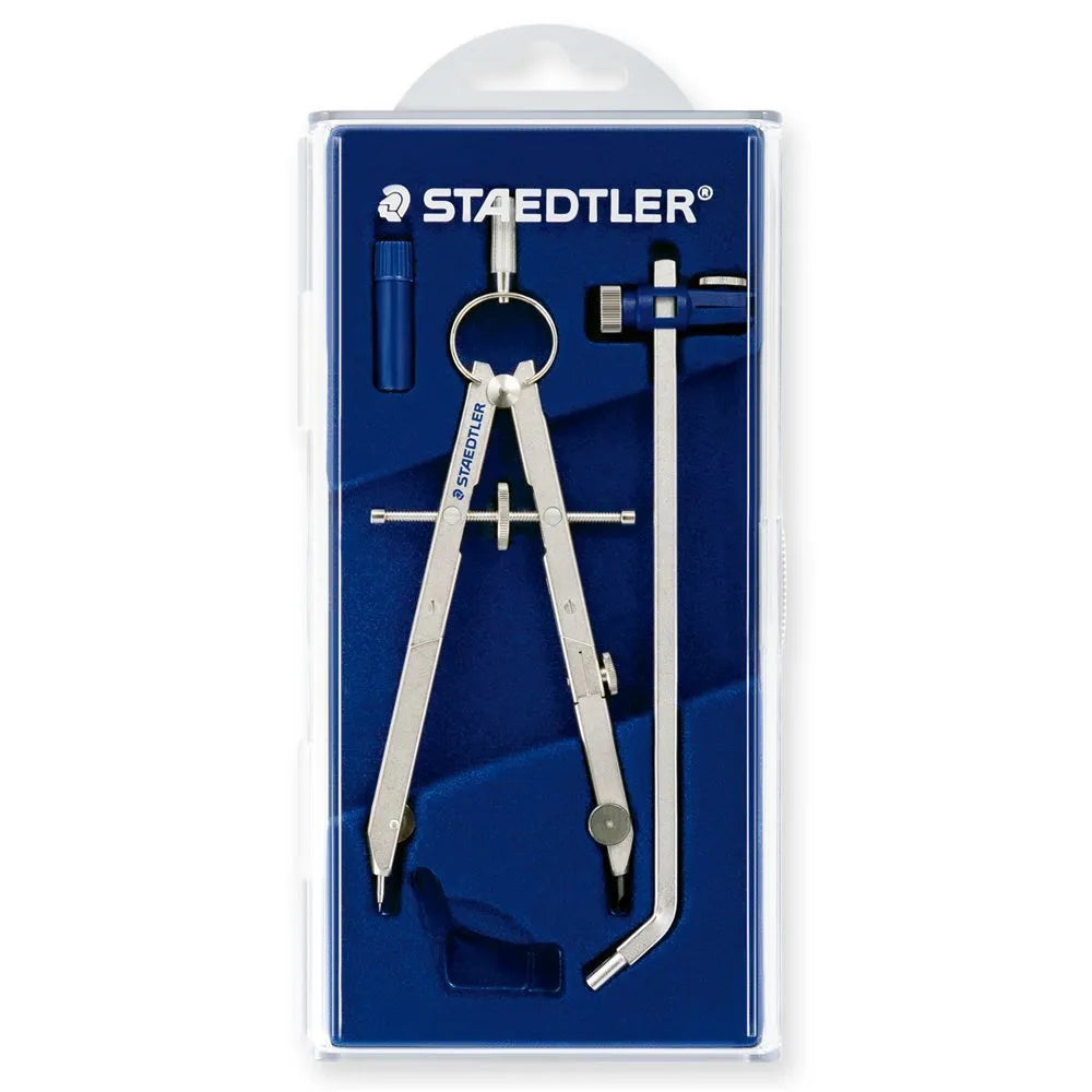 STAEDTLER 551 01 steel precision car compass with telescopic rod extended on technical drawing.