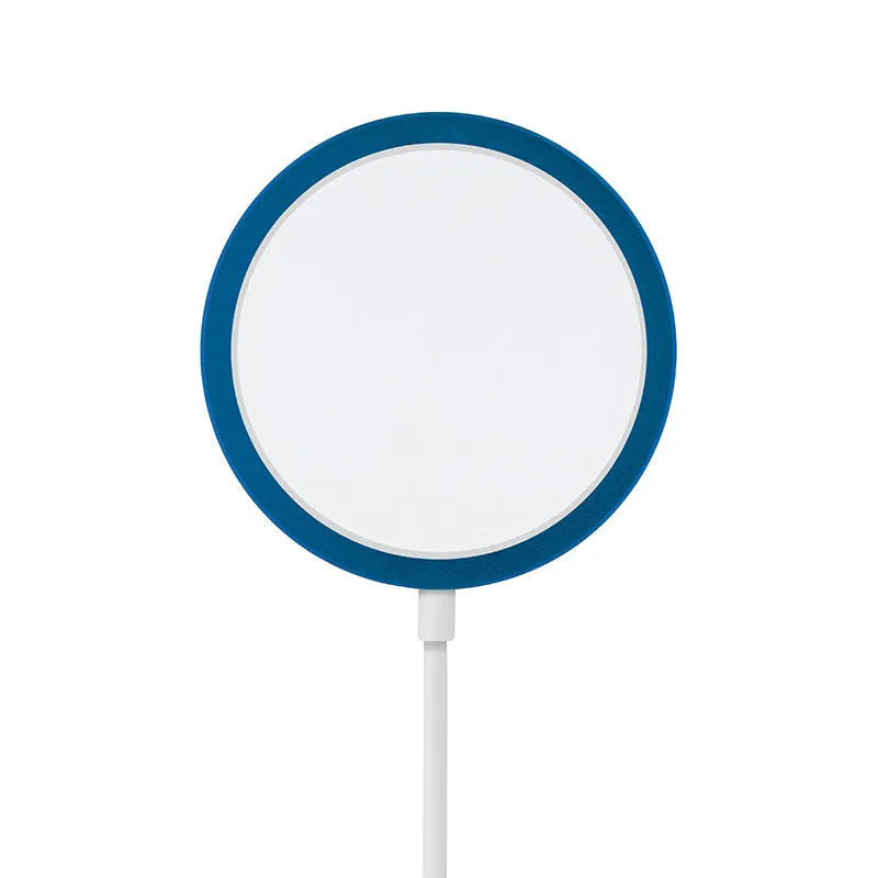 Magsafe magnetic wireless charger for iPhone 12 and 13 in silver, black, blue, or red metal finish