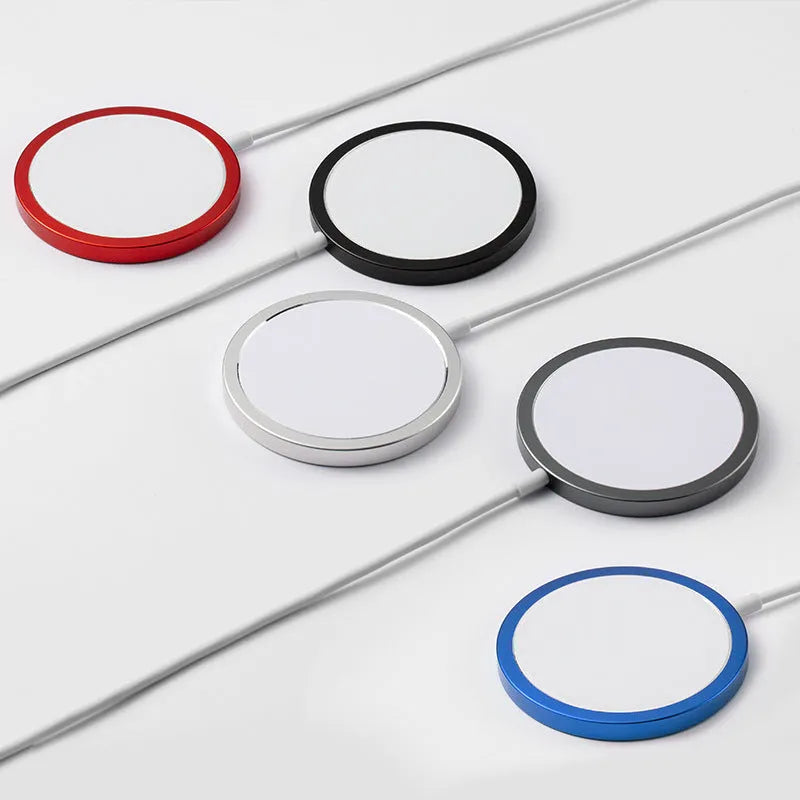 Magsafe magnetic wireless charger for iPhone 12 and 13 in silver, black, blue, or red metal finish
