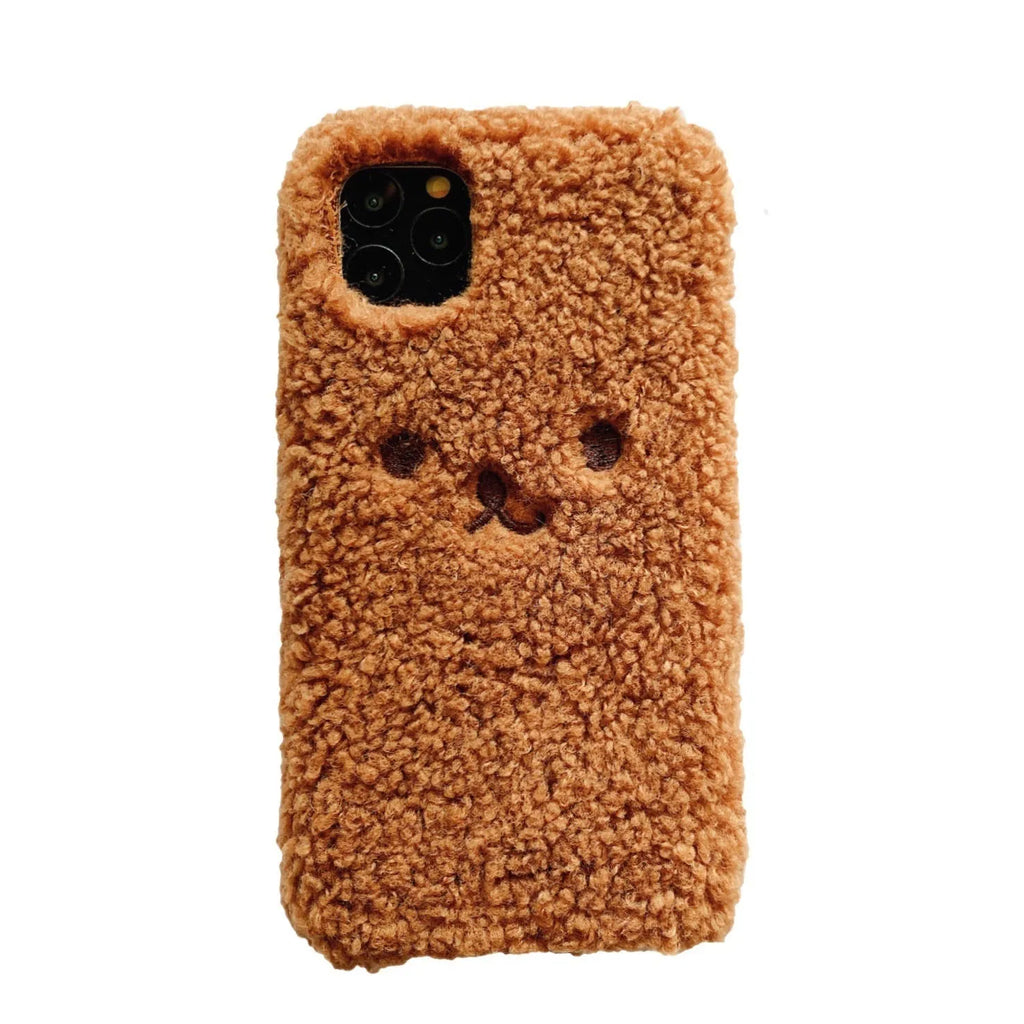 Brown embroidery plush cartoon bear iPhone case showing TPU construction and precise port cutouts