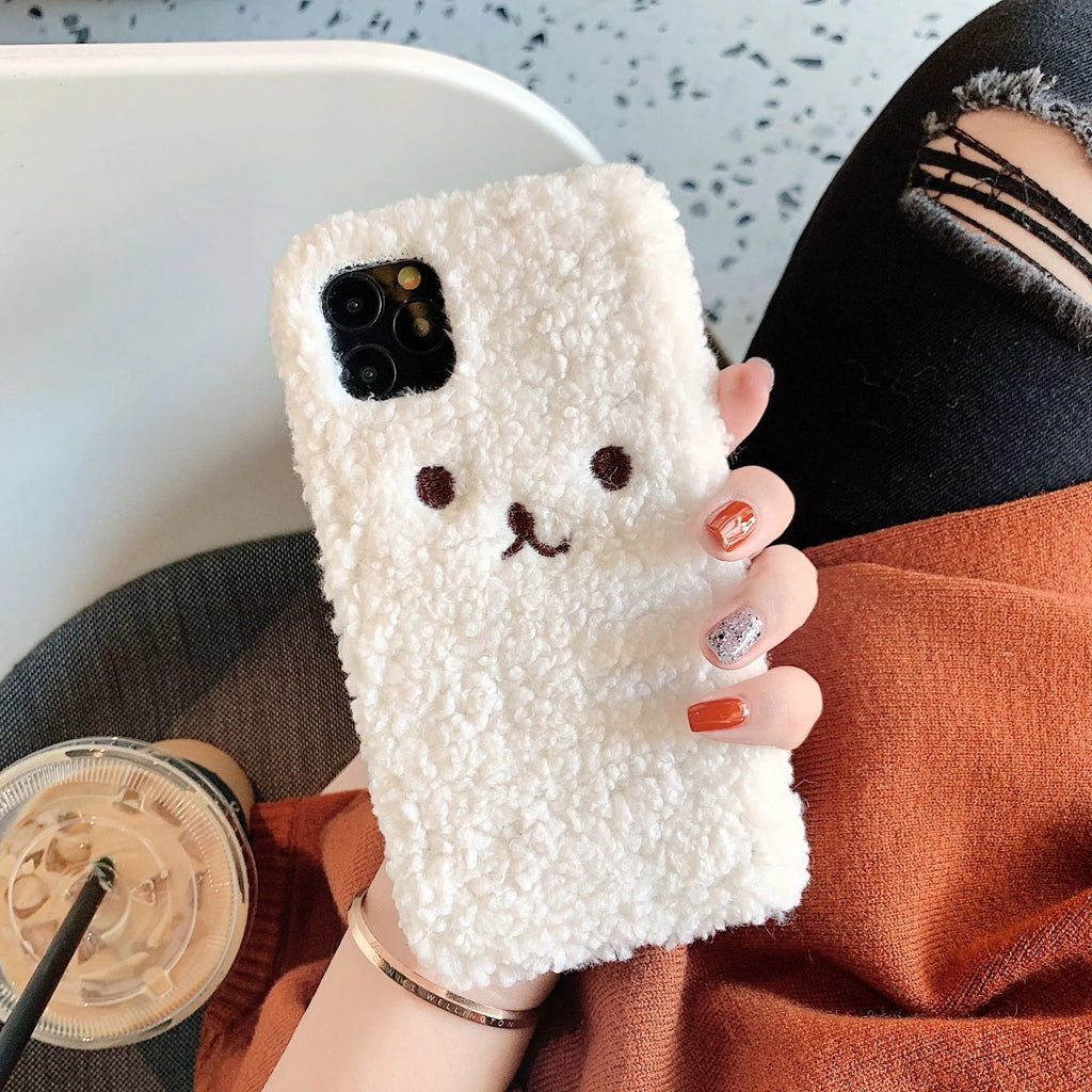 Brown embroidery plush cartoon bear iPhone case showing TPU construction and precise port cutouts