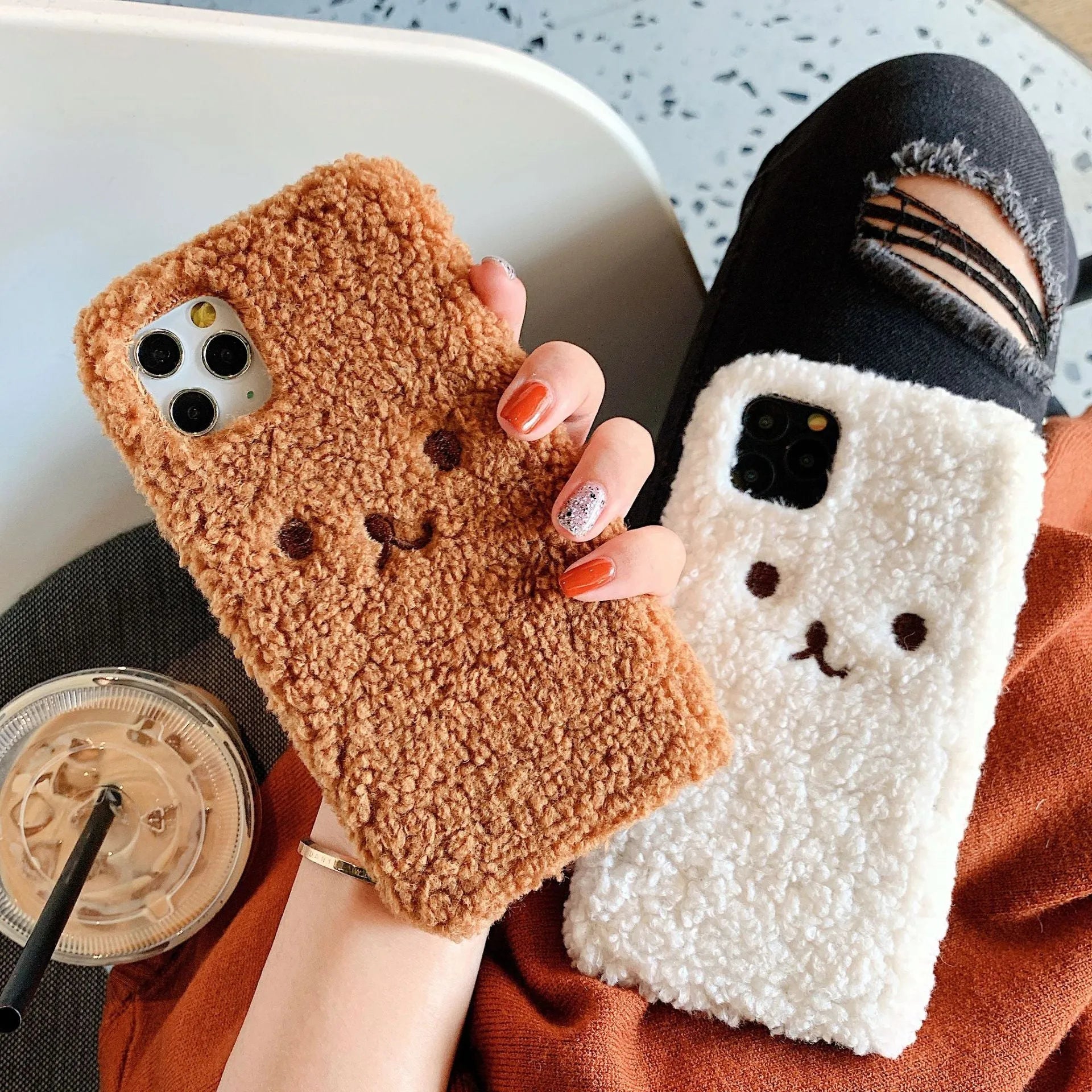 Brown embroidery plush cartoon bear iPhone case showing TPU construction and precise port cutouts