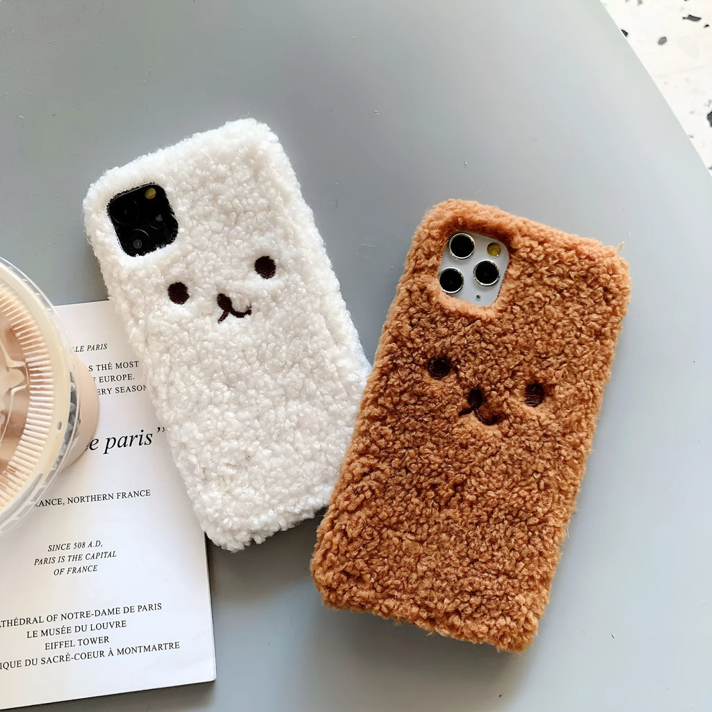 Brown embroidery plush cartoon bear iPhone case showing TPU construction and precise port cutouts
