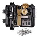 13-piece black stainless steel outdoor survival kit with tools in shockproof box measuring 17x10.5x5cm