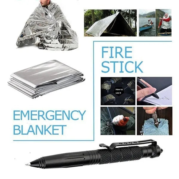 13-piece black stainless steel outdoor survival kit with tools in shockproof box measuring 17x10.5x5cm