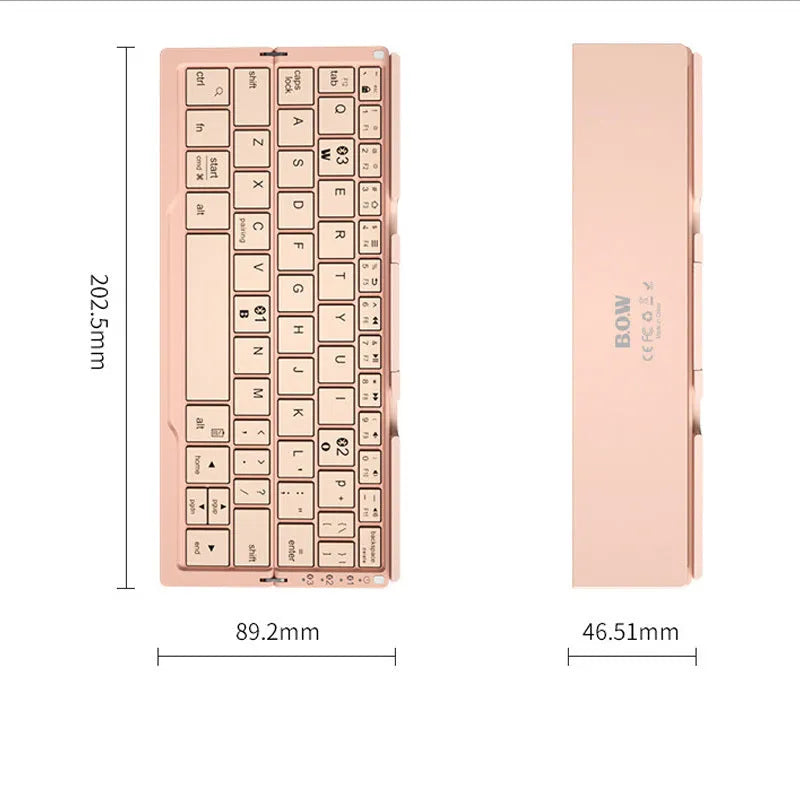 Silver white folding Bluetooth keyboard open with smartphone propped on integrated stand
