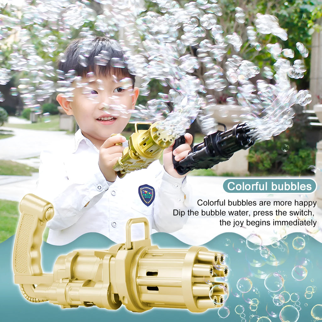 Kids plastic bubble gun toy in pink, gold, or black colours with battery compartment and trigger.
