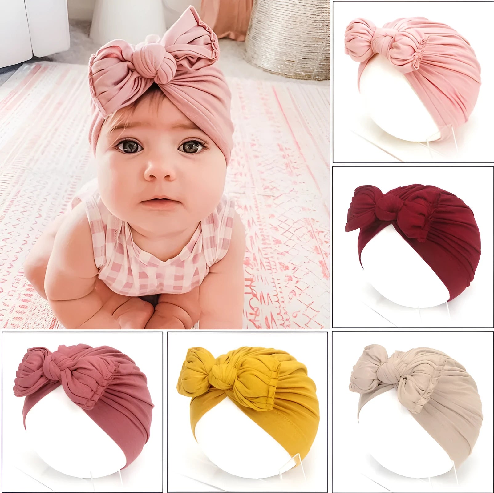 Soft acrylic knitted baby hat in a solid colour, shown on a mannequin head.