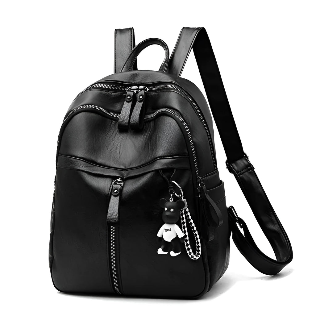 Black soft surface PU leather backpack showing double luggage straps and plain design.
