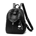 Black soft surface PU leather backpack showing double luggage straps and plain design.