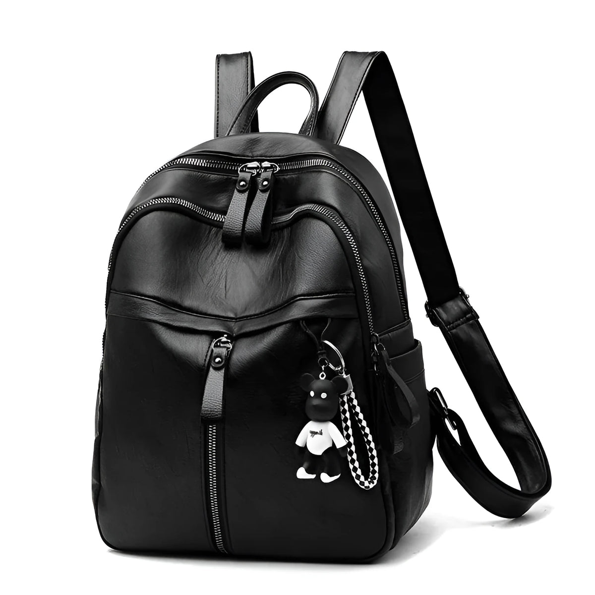 Black soft surface PU leather backpack showing double luggage straps and plain design.
