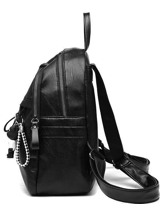Black soft surface PU leather backpack showing double luggage straps and plain design.