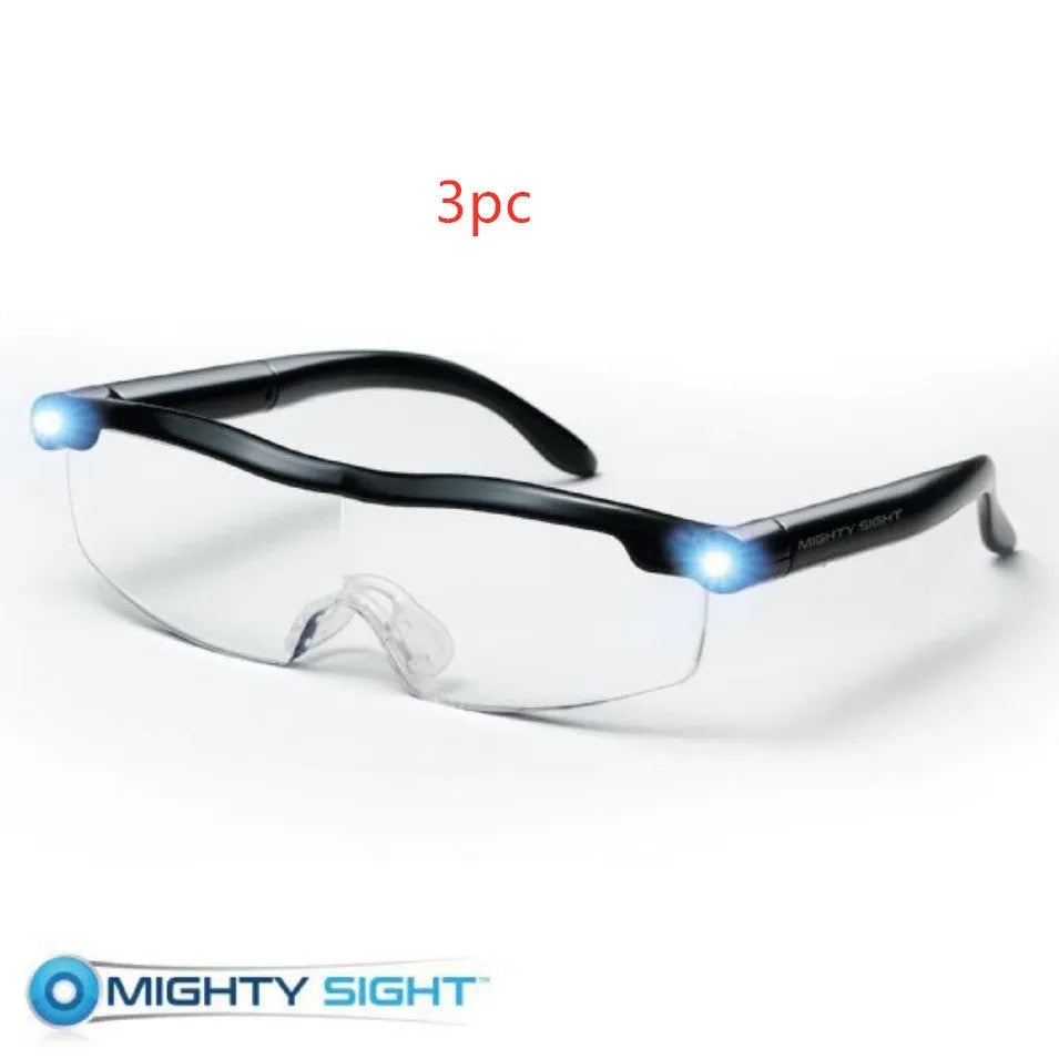 Transparent black USB LED reading light glasses with ABS plastic frame.