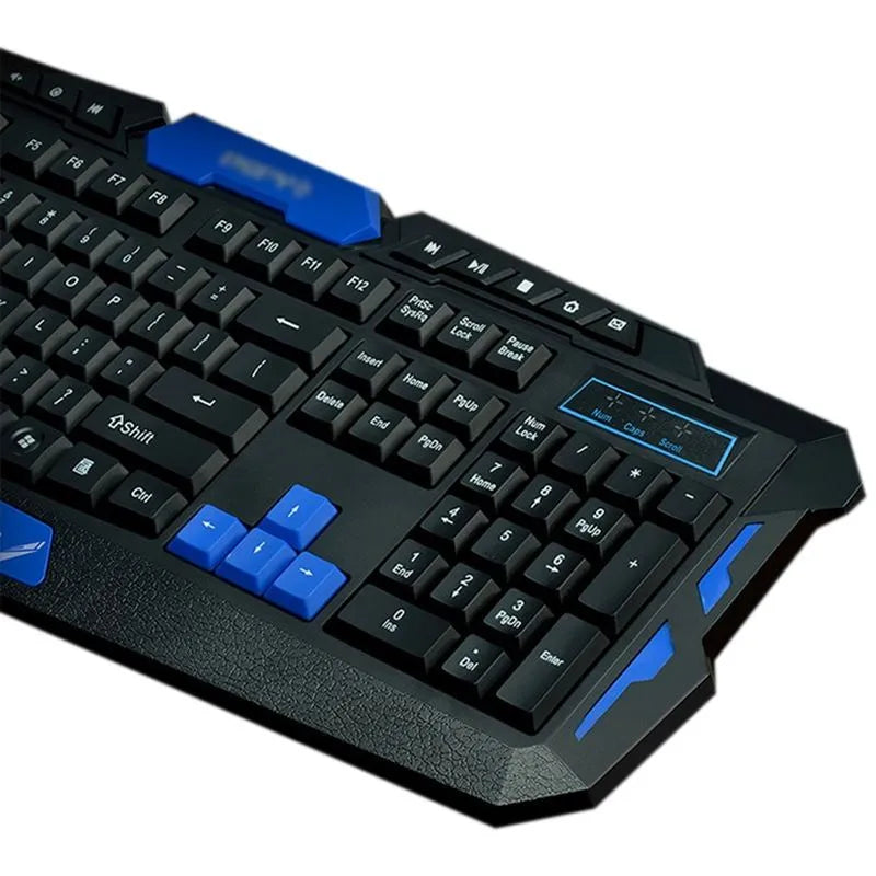 Black and blue wireless keyboard and mouse set with multimedia keys and DPI adjustment