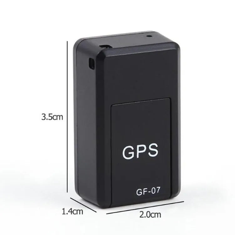 Small black plastic magnetic GPS tracker device with USB charging cable.