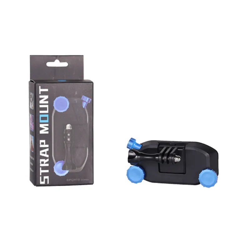 Blue and red plastic GoPro shoulder strap buckle mount for sports cameras with quick clip attachment