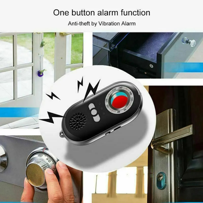 Small black wireless signal detector with vibration alarm for travel security, shown next to a ruler showing 85mm length.