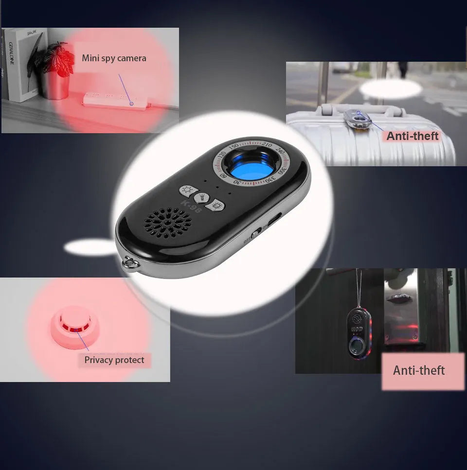 Small black wireless signal detector with vibration alarm for travel security, shown next to a ruler showing 85mm length.