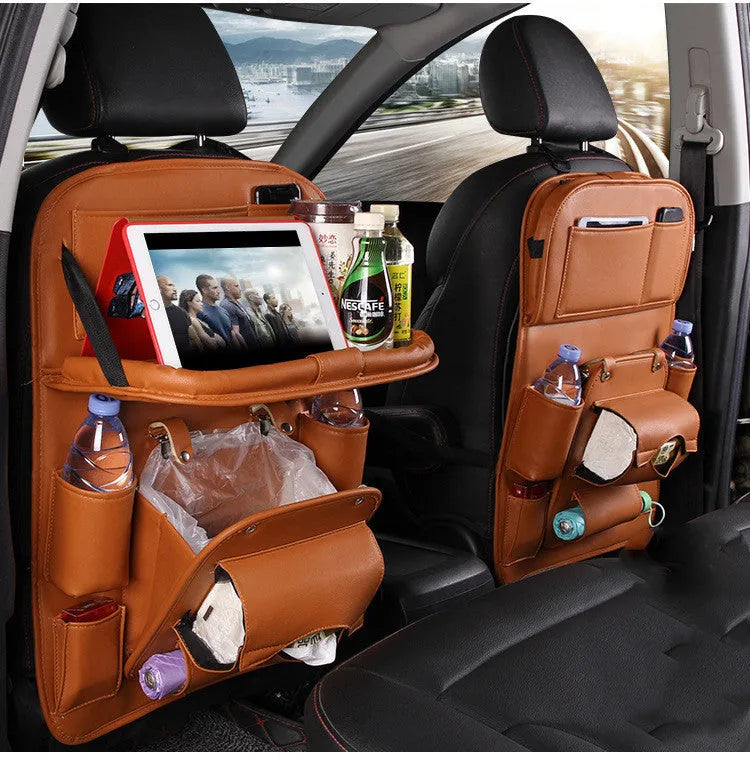 PU leather car seat back hanging organiser bag with multiple pockets in a choice of colours
