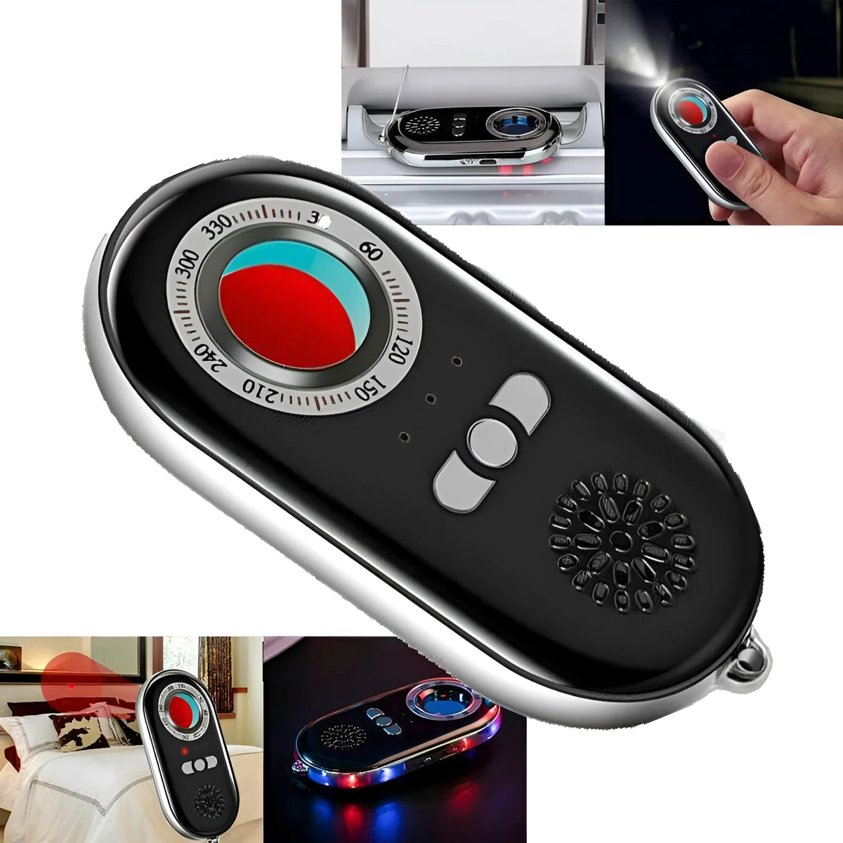 Small black wireless signal detector with vibration alarm for travel security, shown next to a ruler showing 85mm length.