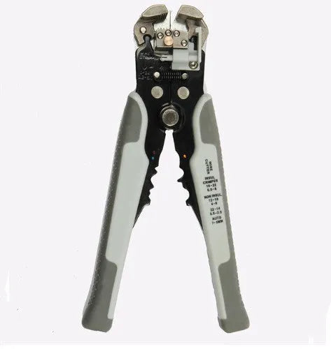 Yellow automatic wire stripper crimping plier multitool with adjustment screw for cable preparation