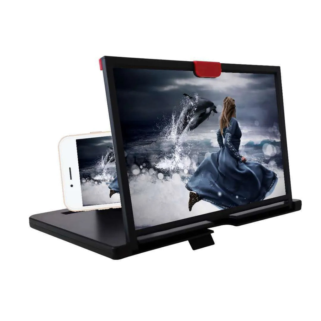 A red desktop mobile phone screen magnifier holder showing a phone placed on the bracket for enlarged viewing.