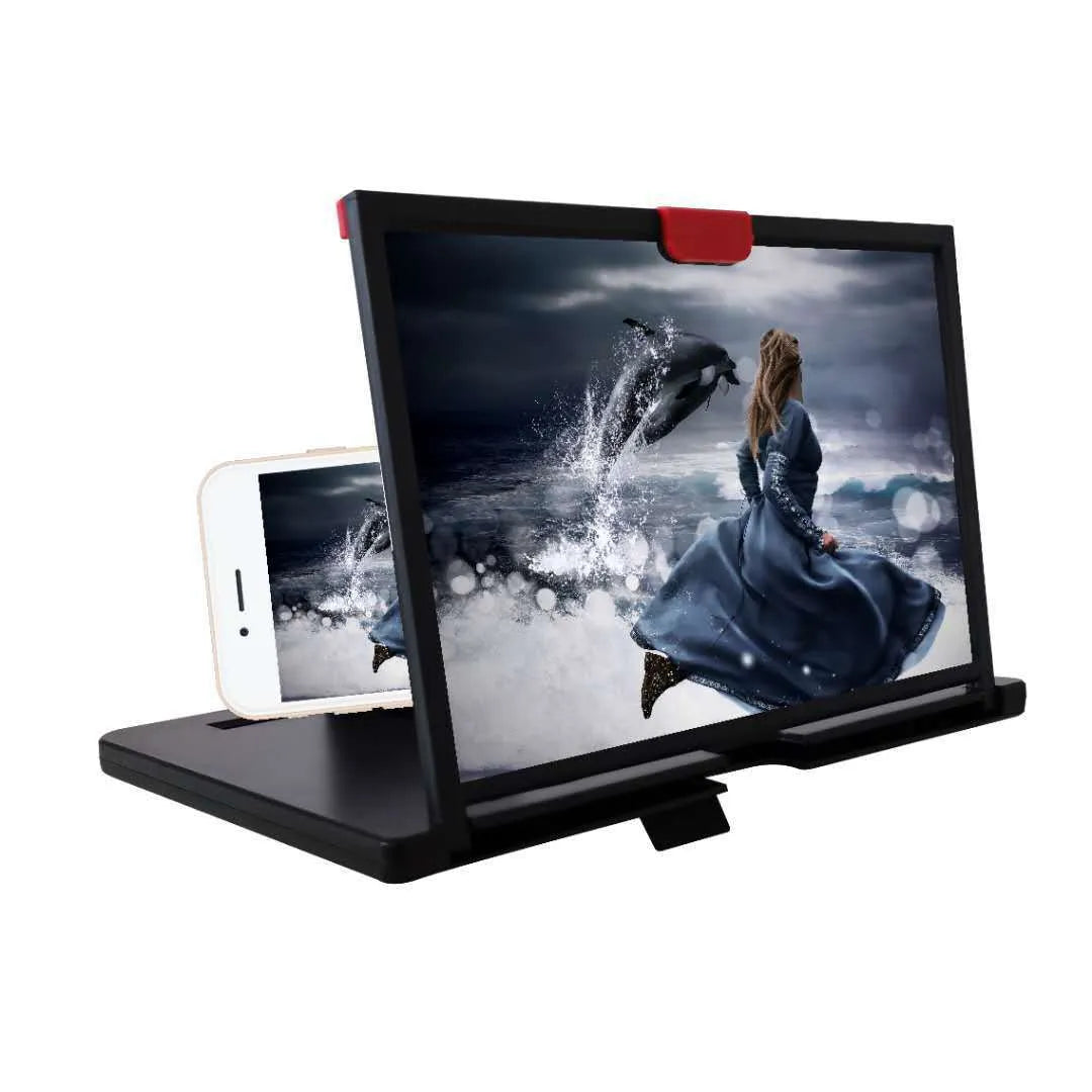 A red desktop mobile phone screen magnifier holder showing a phone placed on the bracket for enlarged viewing.