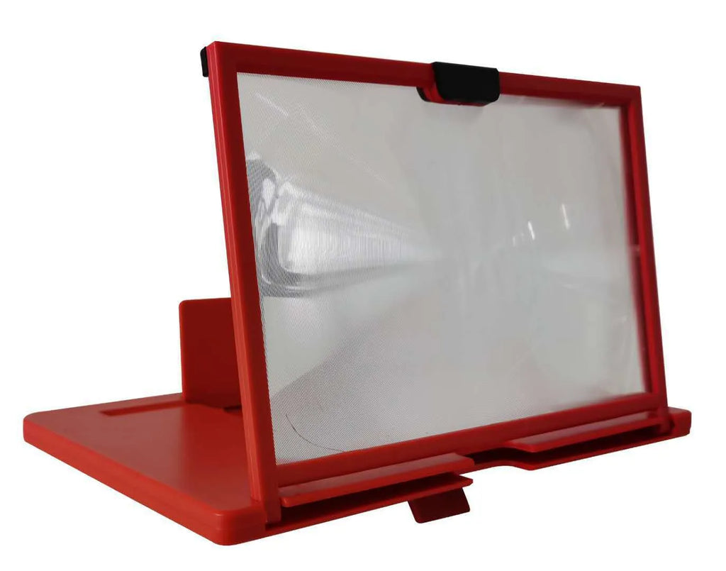 A red desktop mobile phone screen magnifier holder showing a phone placed on the bracket for enlarged viewing.