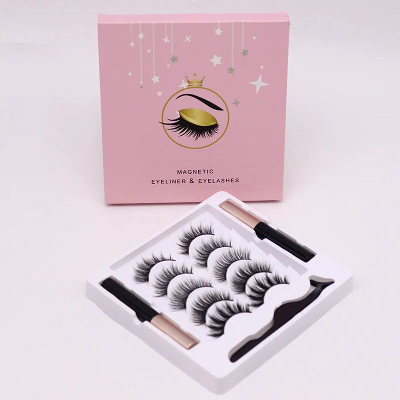 Magnetic false mink eyelashes and black eyeliner set with five pairs, packaged in a 14x14.7cm box.