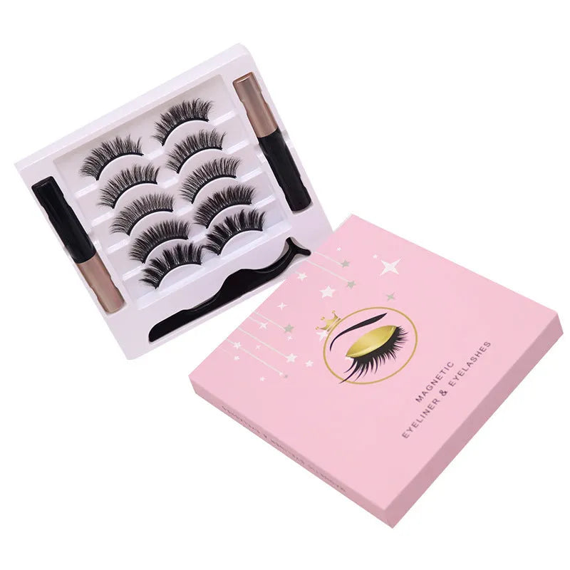 Magnetic false mink eyelashes and black eyeliner set with five pairs, packaged in a 14x14.7cm box.