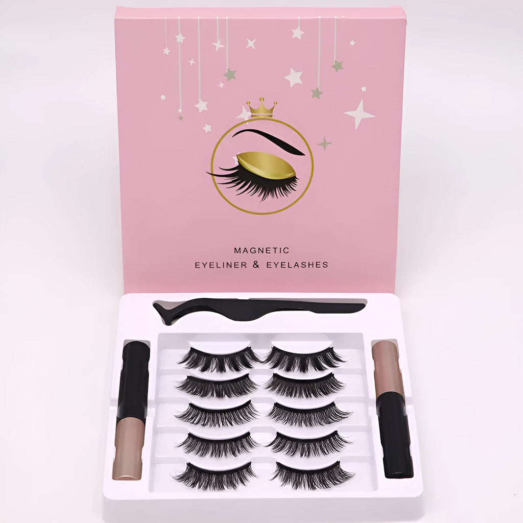 Magnetic false mink eyelashes and black eyeliner set with five pairs, packaged in a 14x14.7cm box.