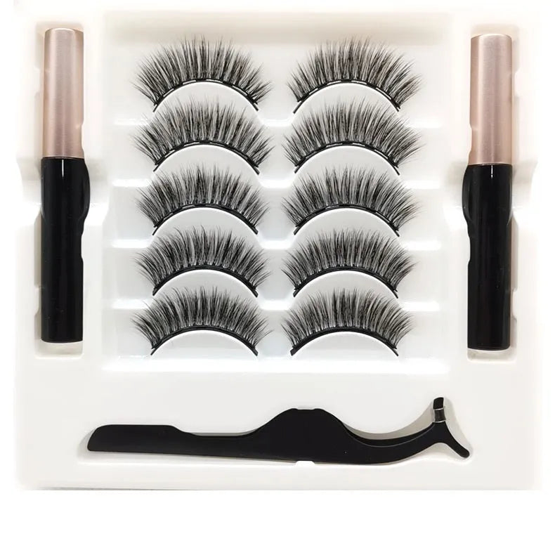 Magnetic false mink eyelashes and black eyeliner set with five pairs, packaged in a 14x14.7cm box.