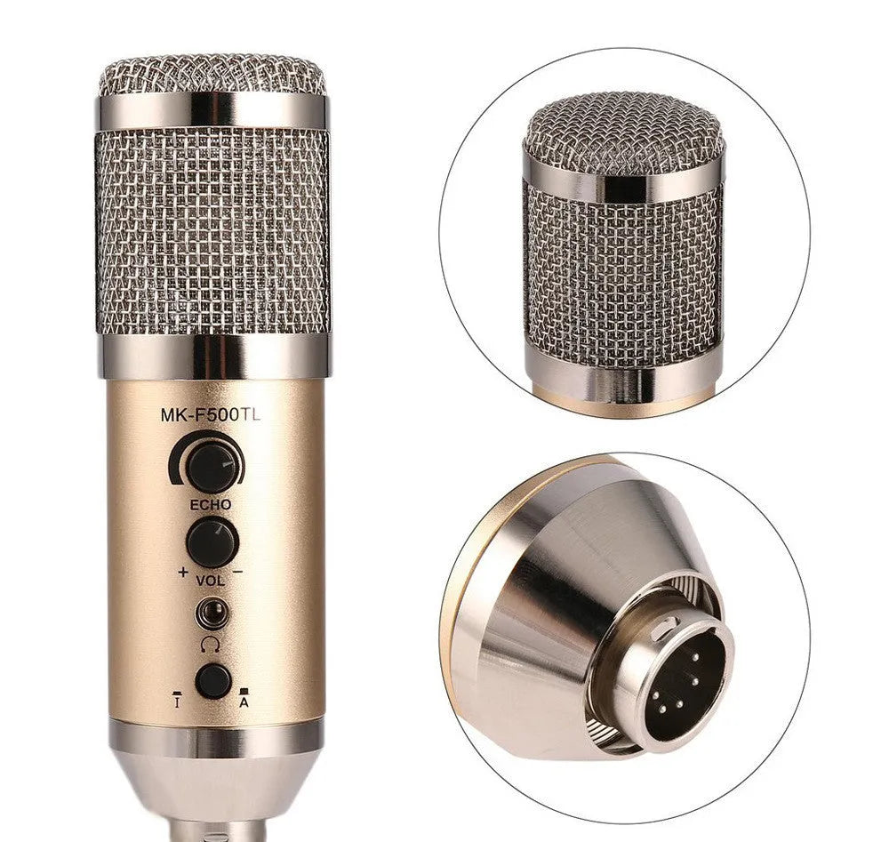 Gold wireless condenser USB microphone with heart-shaped pickup pattern and mounting bracket.