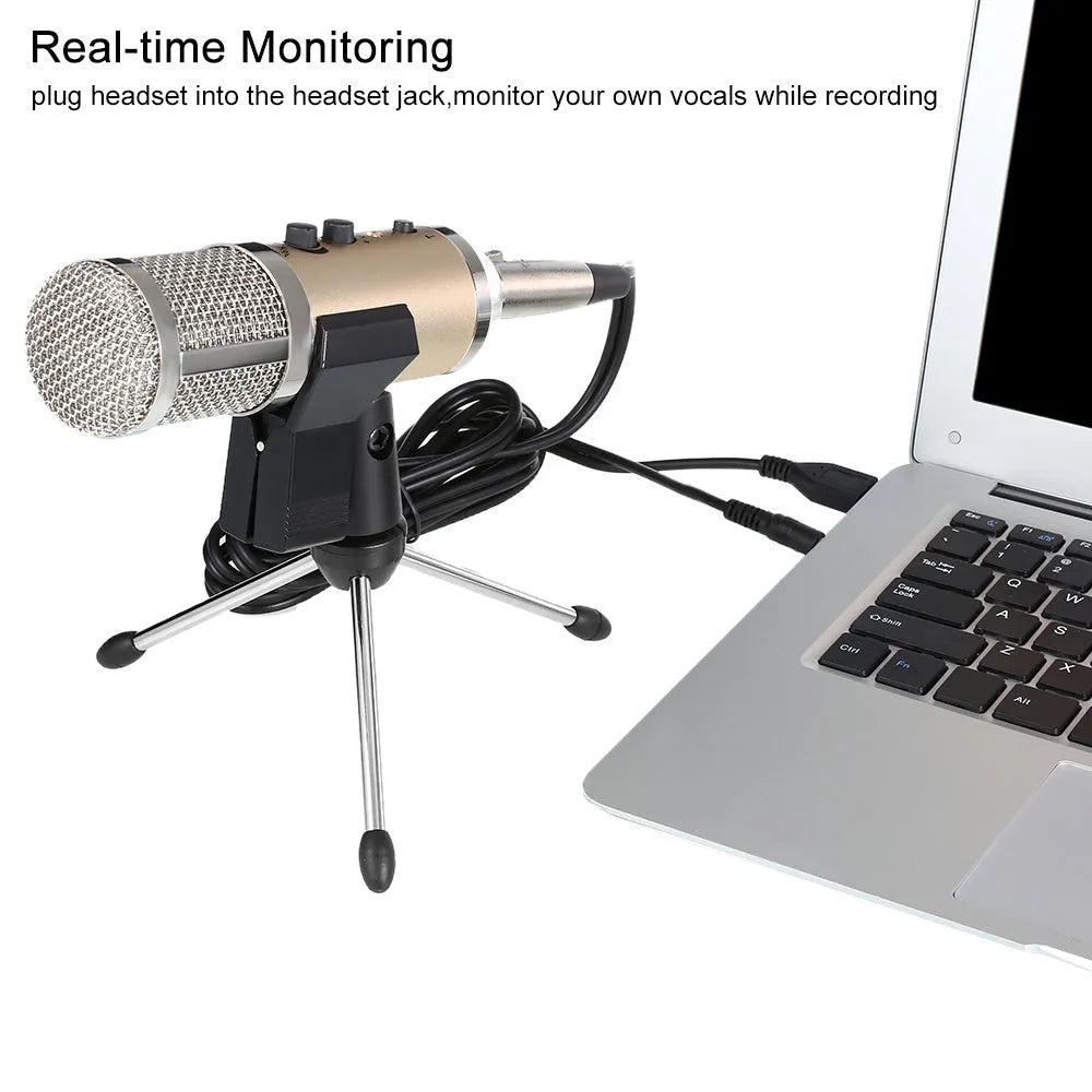 Gold wireless condenser USB microphone with heart-shaped pickup pattern and mounting bracket.