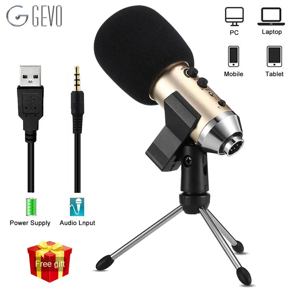 Gold wireless condenser USB microphone with heart-shaped pickup pattern and mounting bracket.