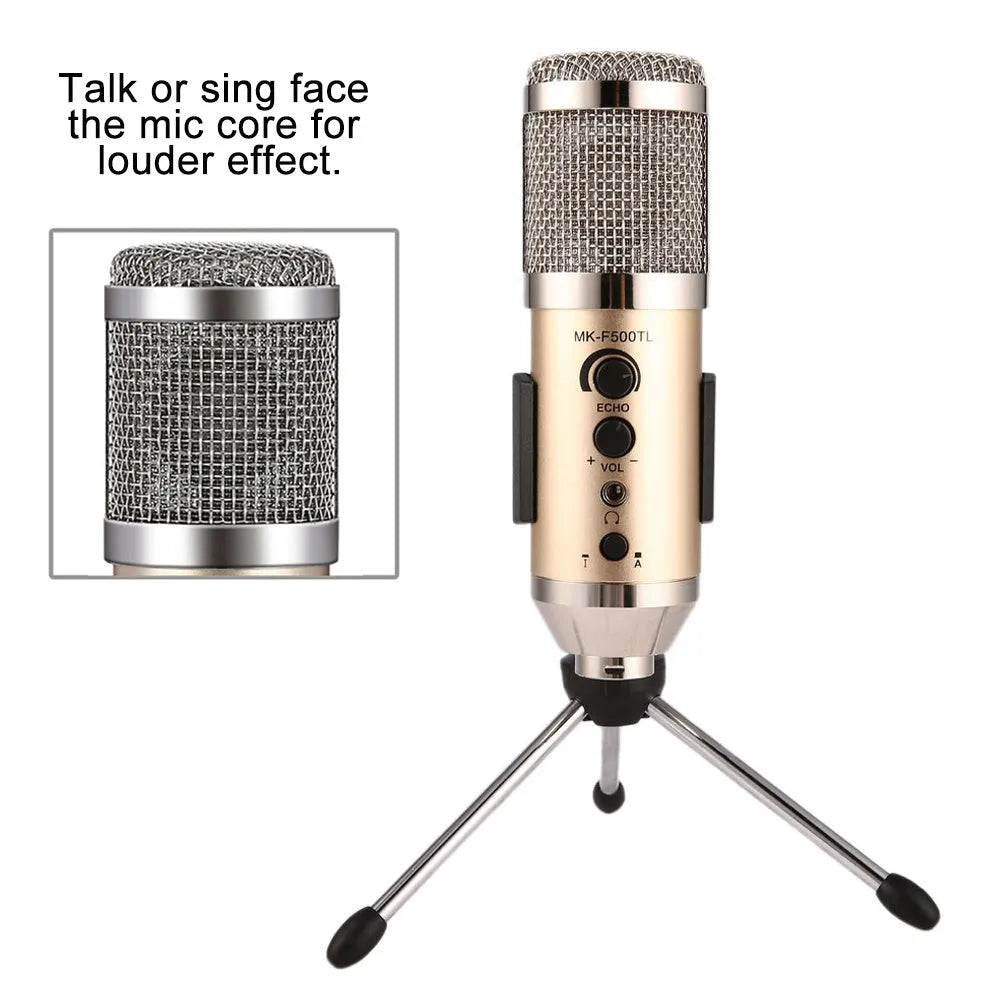 Gold wireless condenser USB microphone with heart-shaped pickup pattern and mounting bracket.