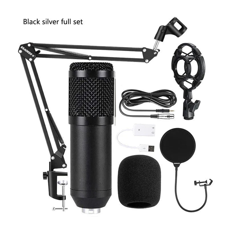 BM800 condenser microphone kit on adjustable stand with shock mount and pop filter for studio recording