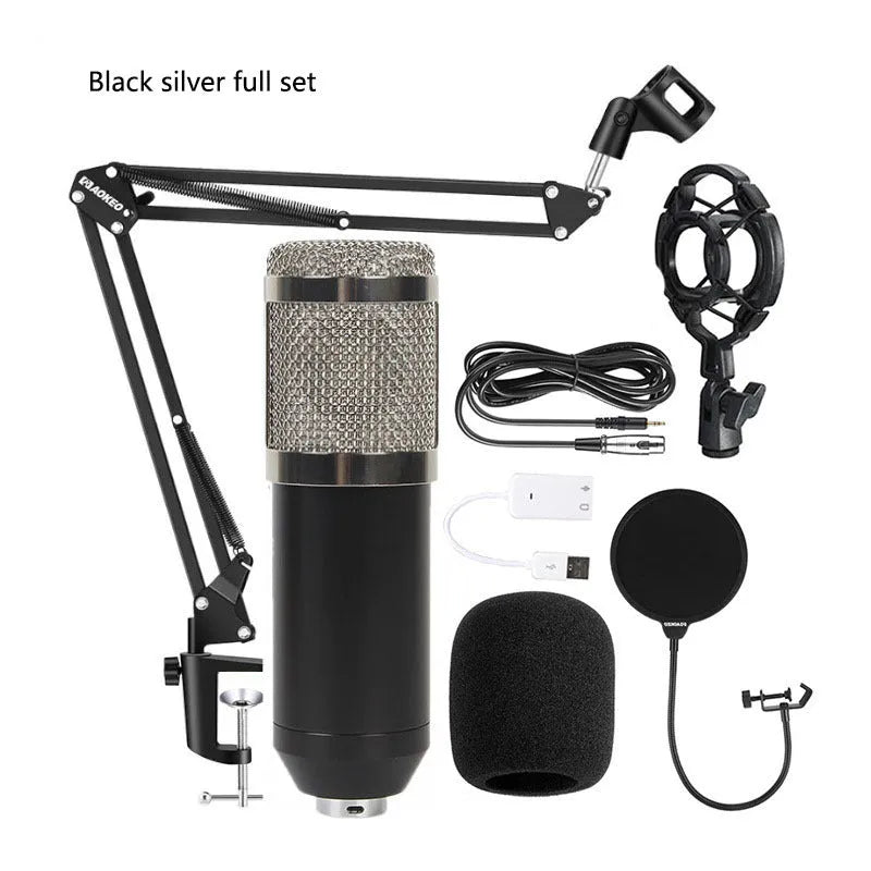 BM800 condenser microphone kit on adjustable stand with shock mount and pop filter for studio recording