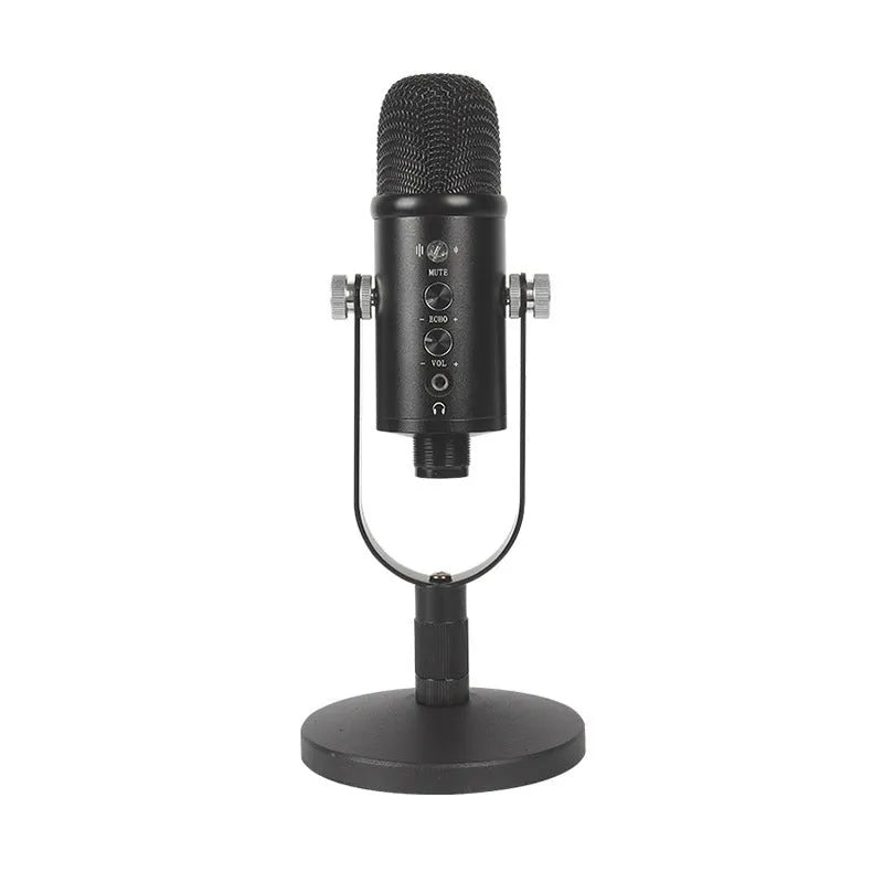 Black BM-86PRO USB condenser microphone on a metal base with sponge cover, alongside its USB cable.