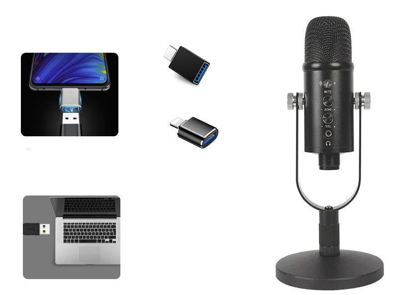 Black BM-86PRO USB condenser microphone on a metal base with sponge cover, alongside its USB cable.